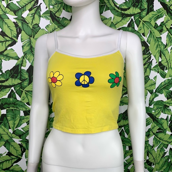 🌼 Cropped Tank Top Women's Size XS/S Yellow Retro Flower Power Style - Picture 2 of 6